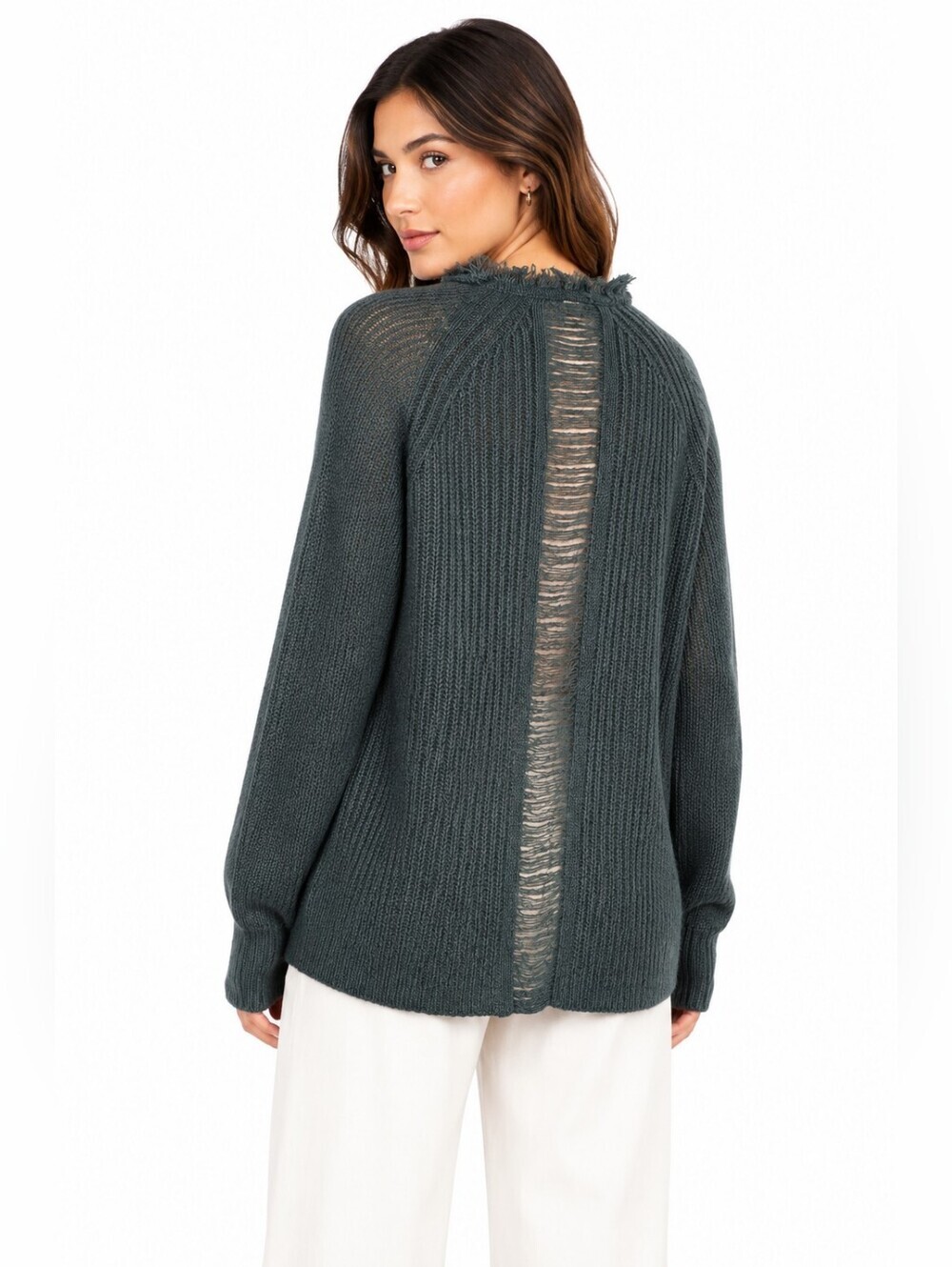 Anthropologie AMADI Mohair Blend Frayed Neck Knit Sweater M NWT